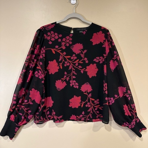 Sanctuary‎ Womens Blouse Large Black Pink Floral Balloon Sleeve Sheer Sleeve Top - Picture 7 of 8